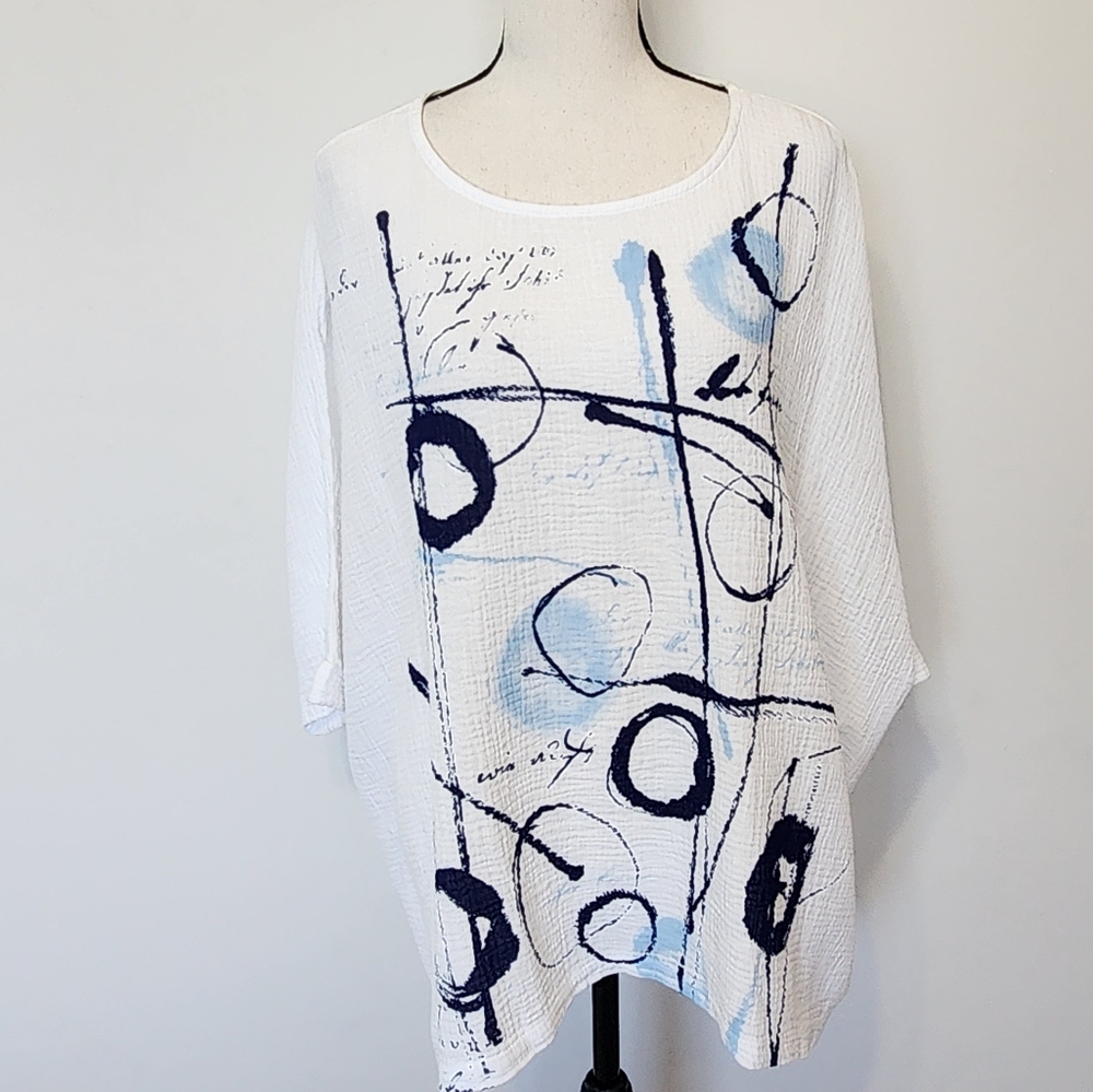 Jess & Jane Gauzy Boxy Balboa Tunic Top White Black Blue Cotton Circles Lines L - Picture 2 of 13